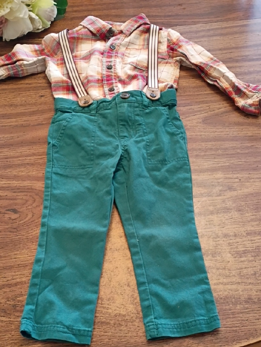 2T Kids Teal Green Pull-On Pants with Adjustable Suspenders
